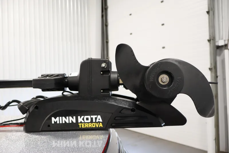 Slide: The Image of Minn Kota Terrova trolling motor on 2022 Ranger 1880MS boat in garage. - 12