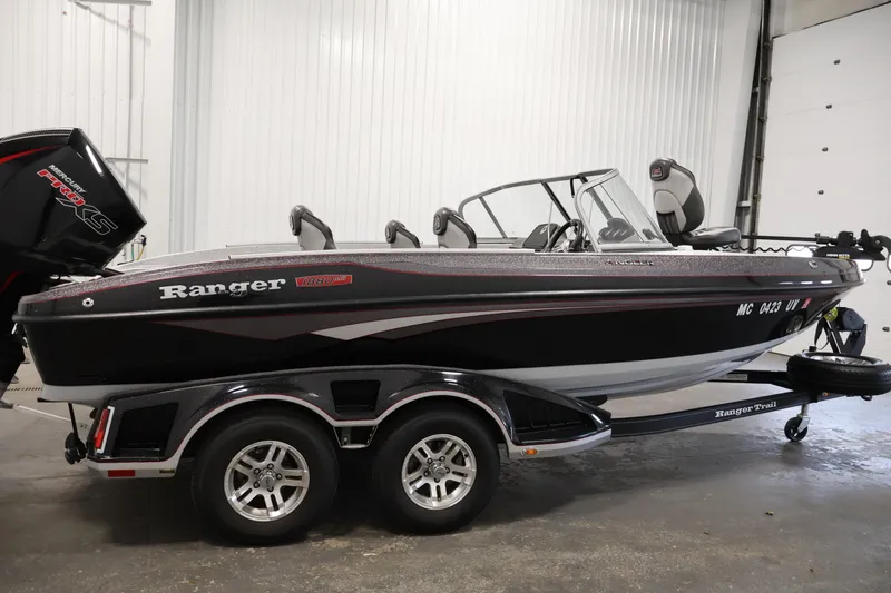 Slide: The Image of 2022 Ranger 1880MS boat on trailer in indoor setting, side view. - 3