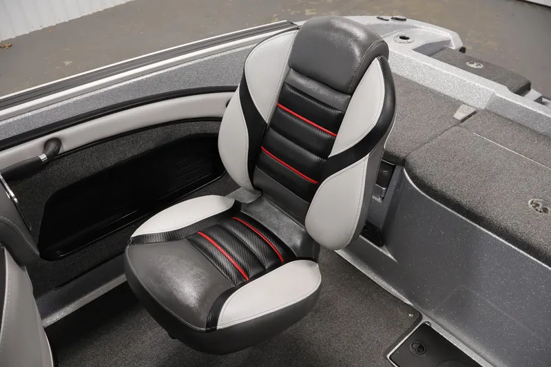 Slide: The Image of 2022 Ranger 1880MS boat seat with black, gray, and red accents. - 31