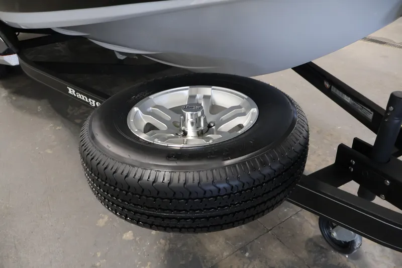 Slide: The Image of 2022 Ranger 1880MS trailer with spare tire and alloy wheel detail. - 46