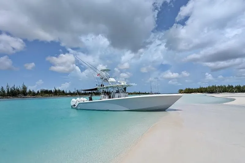 The Image of 2022 SeaVee 390Z boat anchored on a pristine sandy beach with turquoise water. - 1