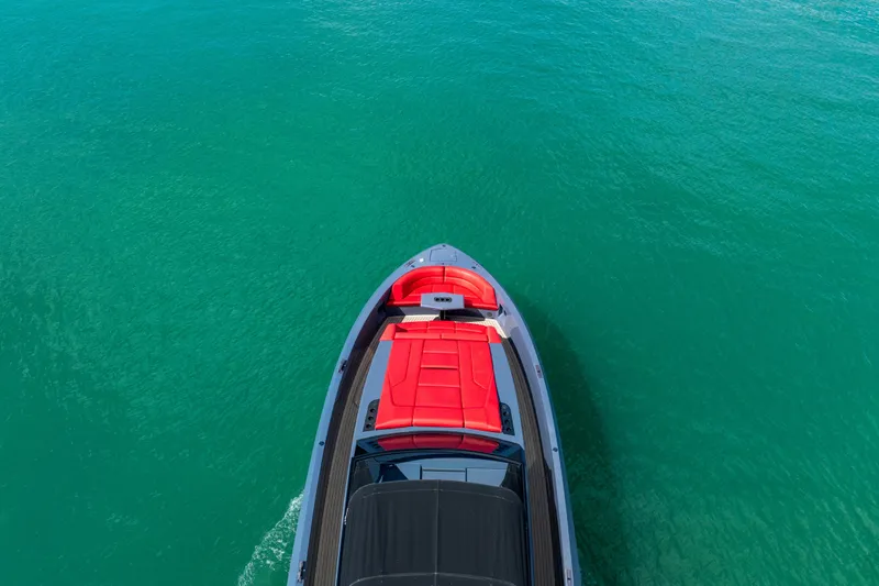 Slide: The Image of Aerial view of 2021 Vanquish Yachts 45 on turquoise water. - 11