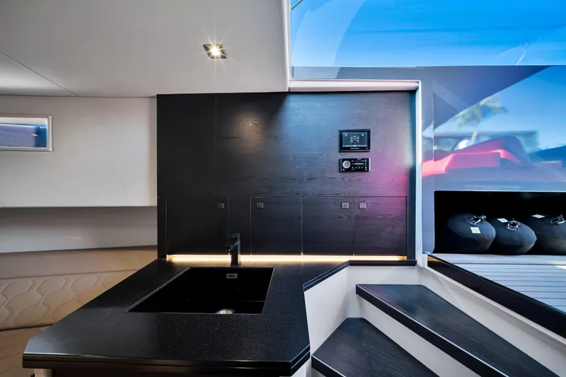 Slide: The Image of Modern interior of 2021 Vanquish Yachts 45, featuring sleek design and luxurious finishes. - 32