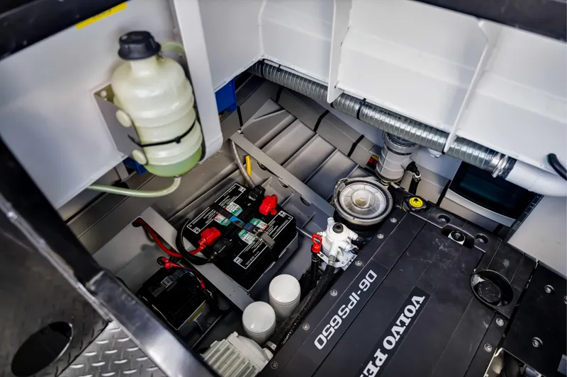 Slide: The Image of Engine compartment of 2021 Vanquish Yachts 45, featuring Volvo Penta D6-IPS650 engine components. - 55