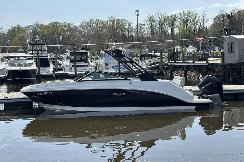 The Image of 2024 Sea Ray SDX 250 Outboard boat docked at a marina, surrounded by other vessels. - 0