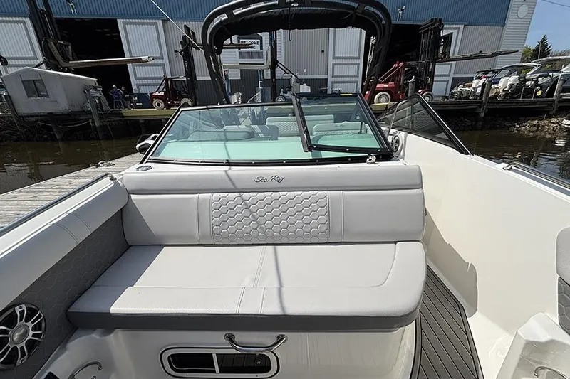Slide: The Image of 2024 Sea Ray SDX 250 Outboard boat interior with sleek seating and modern design. - 23