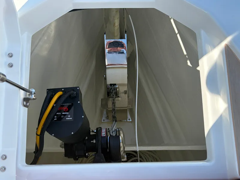 Slide: The Image of Close-up of an anchor system with chain and winch on a Saxdor 400 GTC boat. - 32