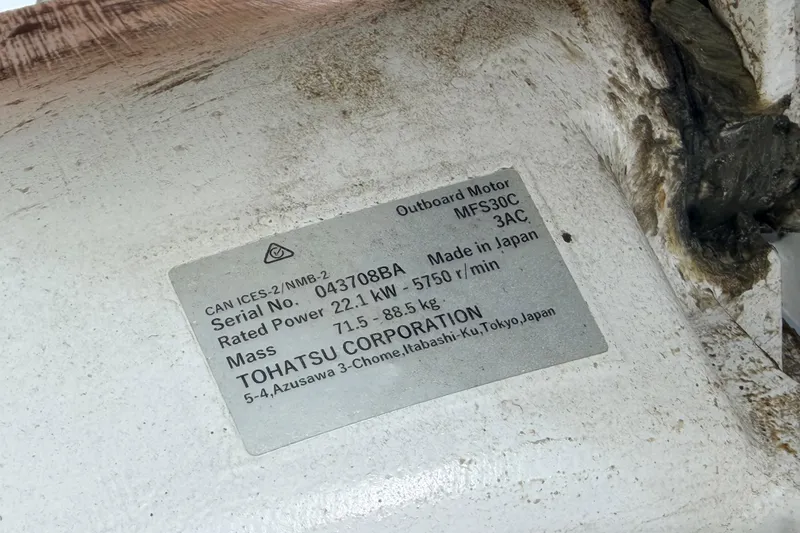 Slide: The Image of Tohatsu outboard motor label on Highfield Classic 380 FCT, 2023 model, showing specifications. - 12