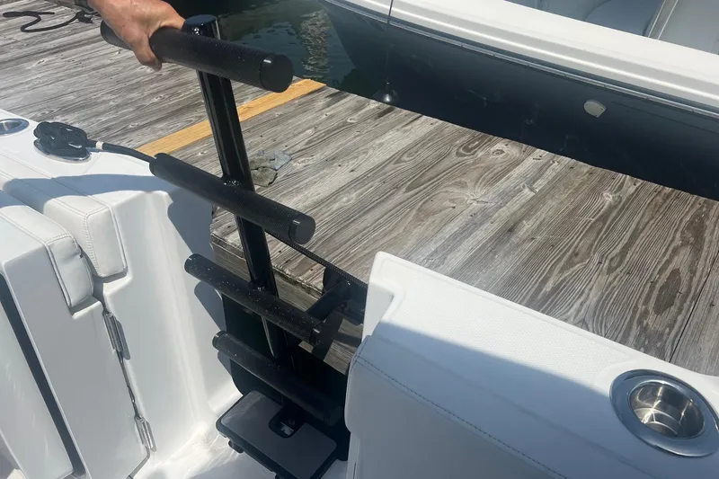 Slide: The Image of 2023 Blackfin 302 CC boat ladder and deck detail with wooden dock background. - 16