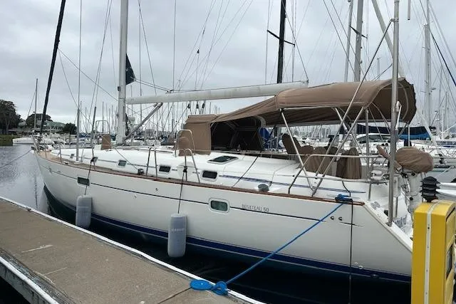 The Image of Sailing yacht Beneteau 50, 2001 model, docked at marina with overcast sky. - 0