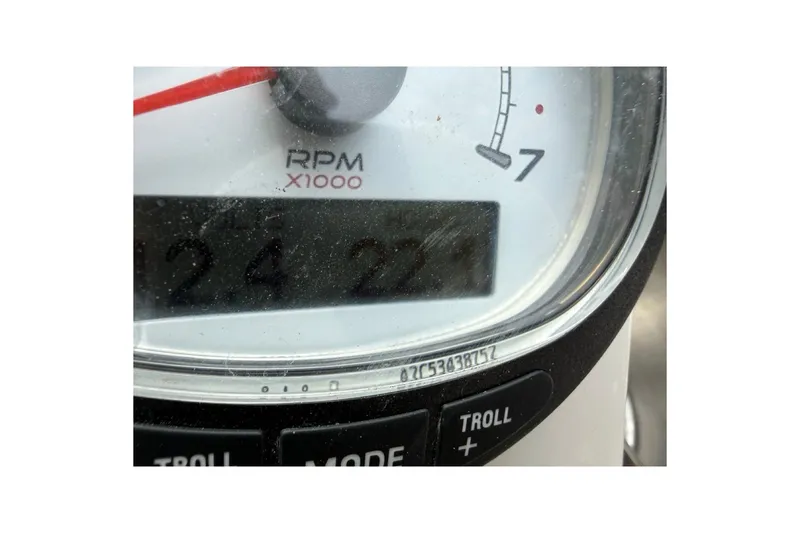 Slide: The Image of Close-up of a 2021 Young Boats Gulf Shores 24 RPM gauge displaying 2422 hours. - 18