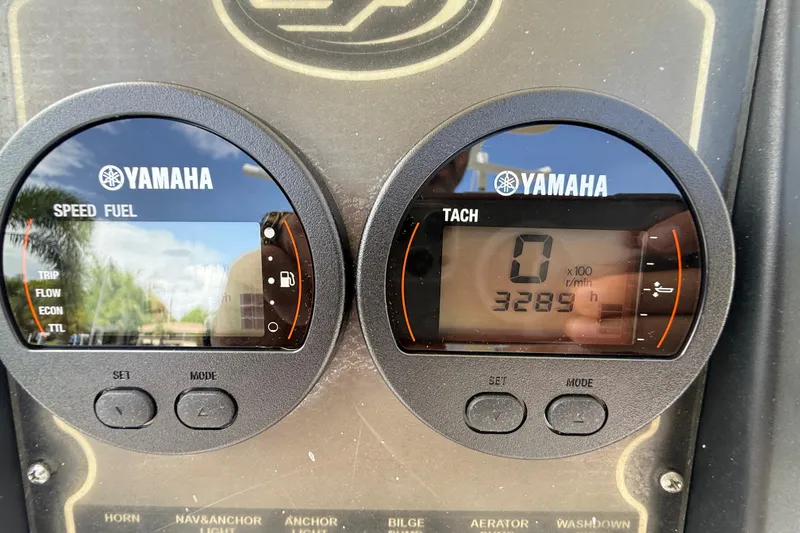 Slide: The Image of Yamaha gauges on 2016 Sea Fox 226 Commander boat dashboard, showing speed and tachometer readings. - 12