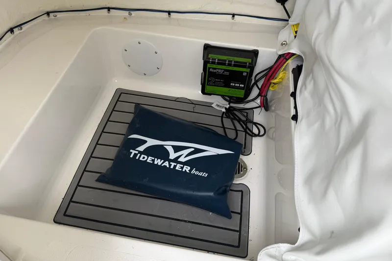 Slide: The Image of Interior of 2025 Tidewater 198 CC Adventure boat with branded cushion and battery charger. - 11