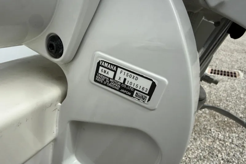 Slide: The Image of Yamaha motor label on 2025 Tidewater 198 CC Adventure boat, showcasing model and serial details. - 7