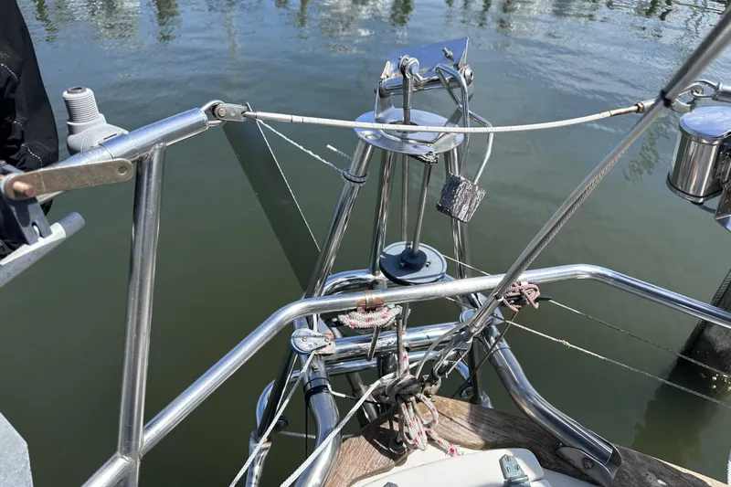 Slide: The Image of Bow of 1986 Pacific Seacraft 34 sailboat with stainless steel fittings and rigging. - 15