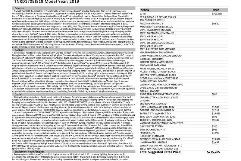 Slide: The Image of 2019 Formula 37 Performance Cruiser specifications and pricing details, featuring exterior and cockpit options. - 33
