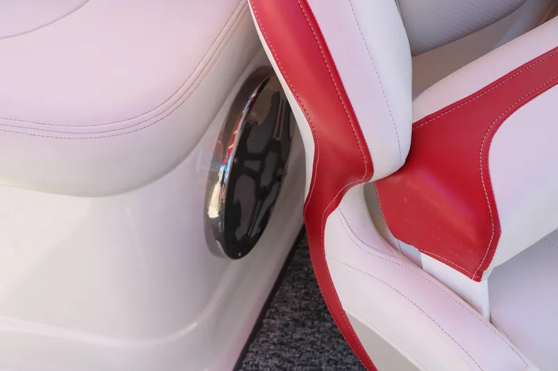 Slide: The Image of Red and white seating detail on 2014 Chaparral 244 Xtreme boat interior. - 49