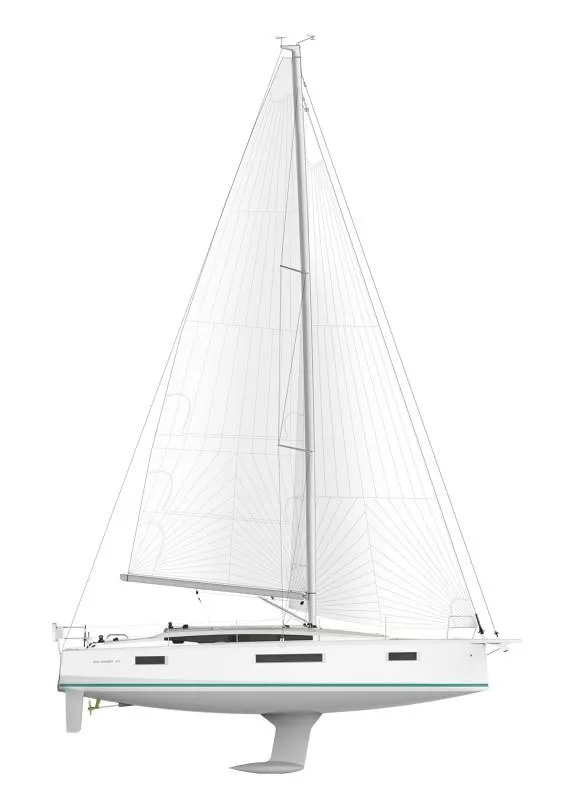 Slide: The Image of 2026 Jeanneau Sun Odyssey 410 sailboat, side view, white hull, sleek design. - 16