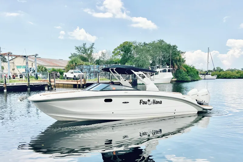 The Image of 2019 Sea Ray SDX 290 Outboard boat on calm water, with scenic marina backdrop. - 0
