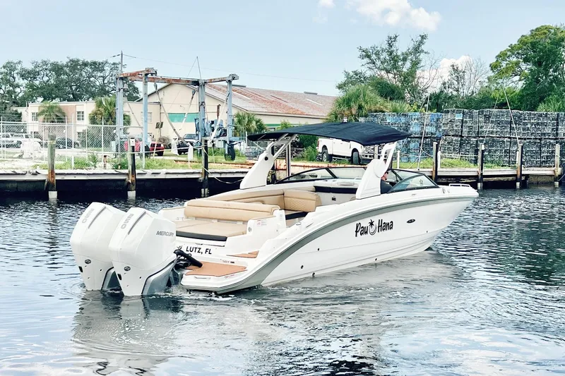 Slide: The Image of 2019 Sea Ray SDX 290 Outboard boat on water, dockside view. - 5