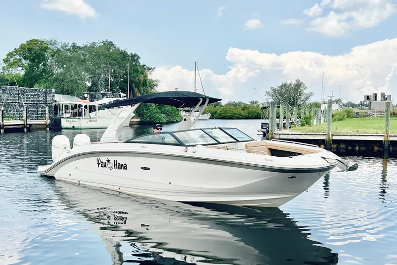 Slide: The Image of 2019 Sea Ray SDX 290 Outboard boat cruising on a calm river under a blue sky. - 8