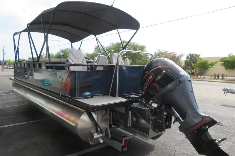 Slide: The Image of 2026 Avalon Venture 85 pontoon boat with Yamaha outboard motor. - 3