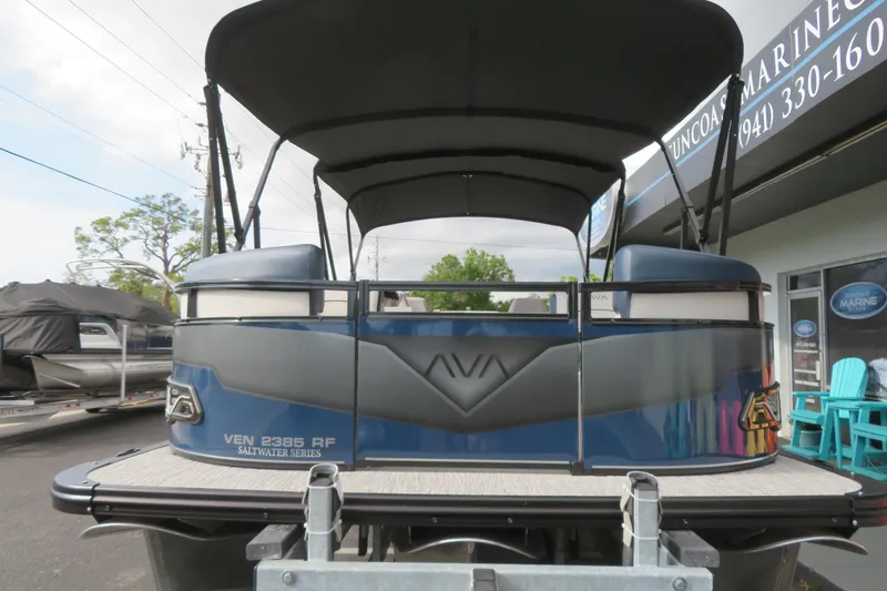 Slide: The Image of 2026 Avalon Venture 85 Rear Fish boat, 23 feet, blue color. - 5