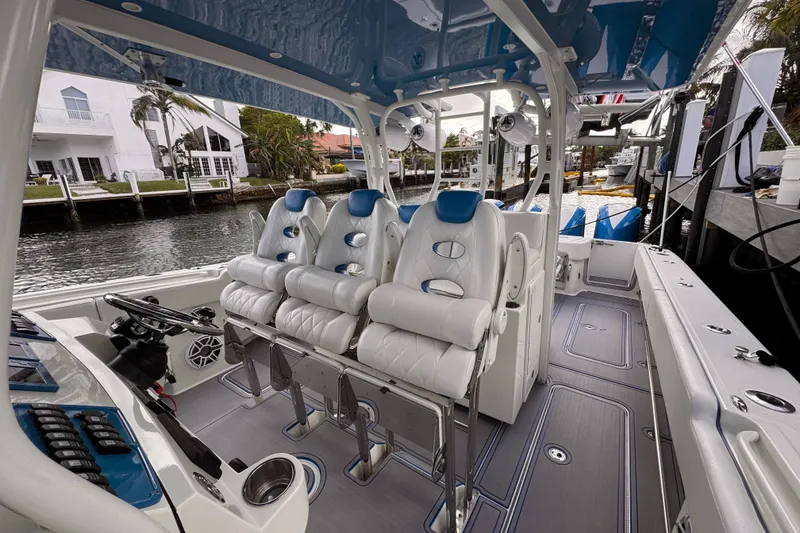 Slide: The Image of 2016 Hydra-Sports 4200 Siesta boat interior with luxurious seating and modern design. - 18