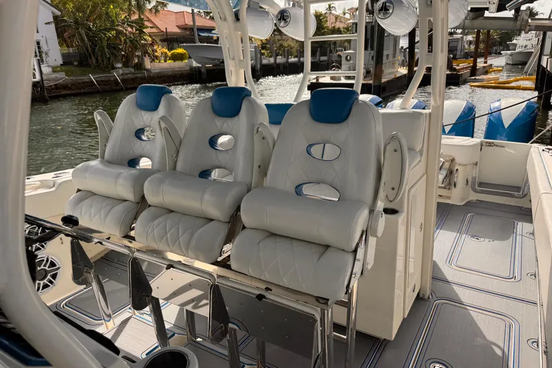 Slide: The Image of 2016 Hydra-Sports 4200 Siesta boat interior with luxurious seating and modern design. - 29