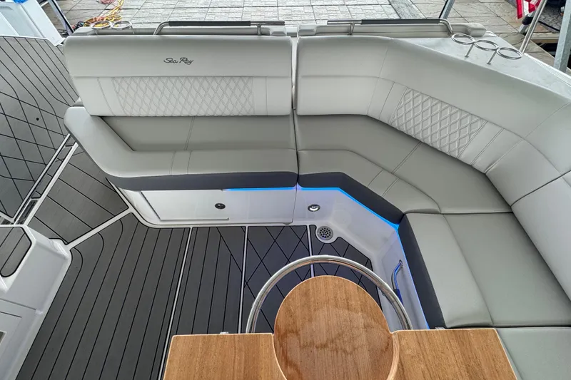 Slide: The Image of Luxurious seating area on 2025 Sea Ray SLX 400 boat with elegant design. - 35