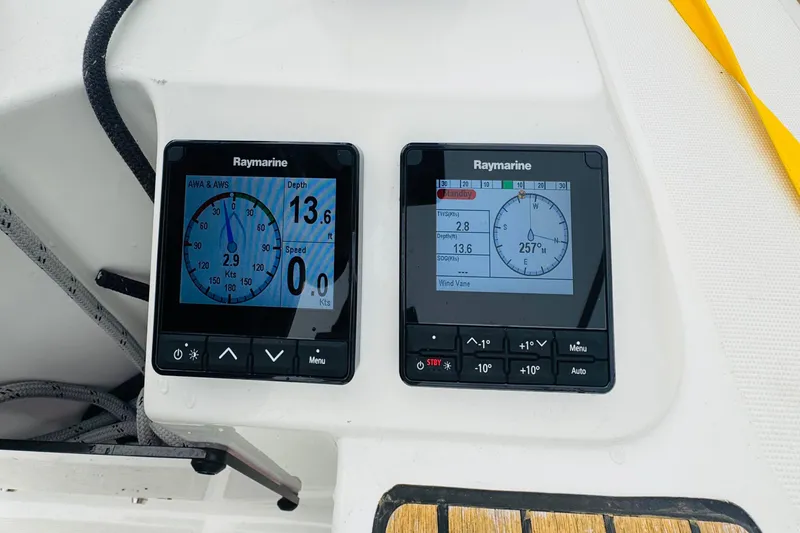 Slide: The Image of Raymarine navigation displays on Jeanneau Sun Odyssey 349, 2024 model, showing depth and speed. - 37