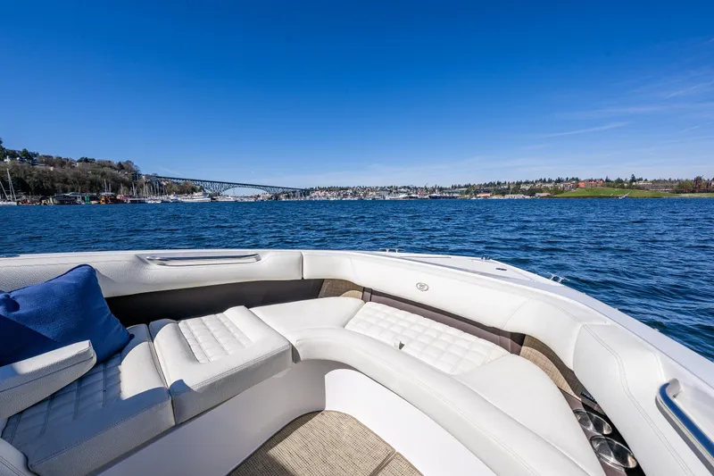 Slide: The Image of Luxurious 2019 Cobalt R30 boat interior with scenic waterfront view. - 12
