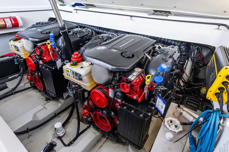 Slide: The Image of Twin Volvo Penta engines in a 2019 Cobalt R30 boat engine compartment. - 17