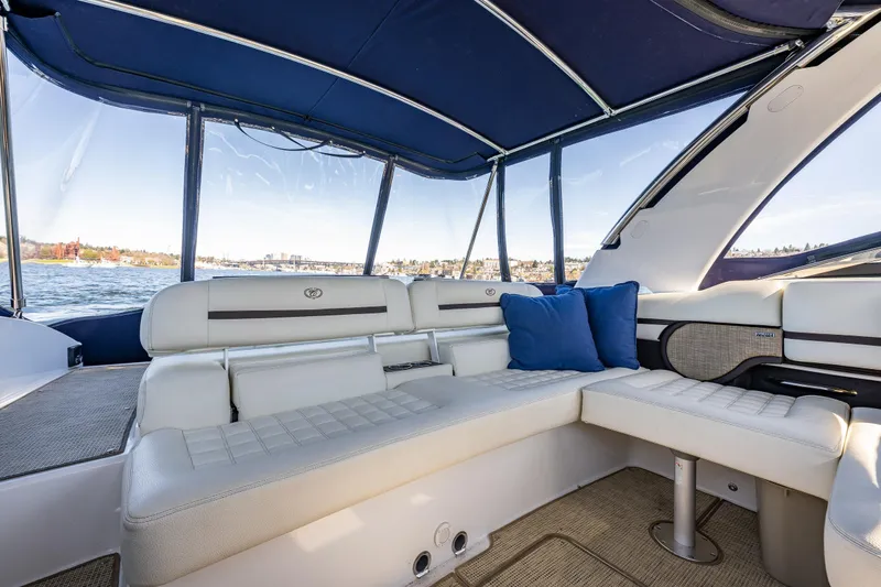 Slide: The Image of Luxurious interior of 2019 Cobalt R30 boat with comfortable seating and scenic water view. - 7