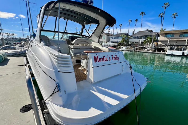 Slide: The Image of 2007 Larson Cabrio 310 boat docked in a marina, sunny day, palm trees in background. - 5