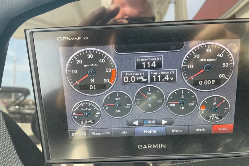 Slide: The Image of Garmin GPS display on 2019 Chaparral 297 SSX showing engine metrics and fuel levels. - 15