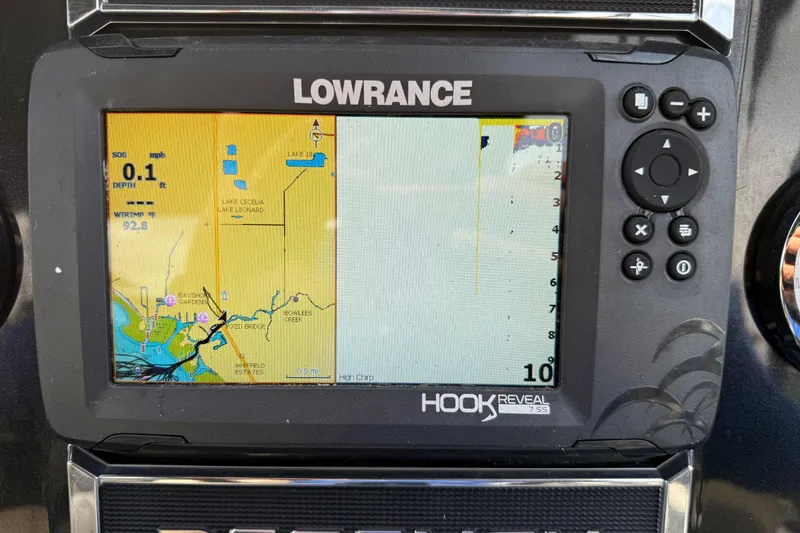 Slide: The Image of Lowrance Hook Reveal GPS on 2023 Regency 230 DL3 boat dashboard. - 35