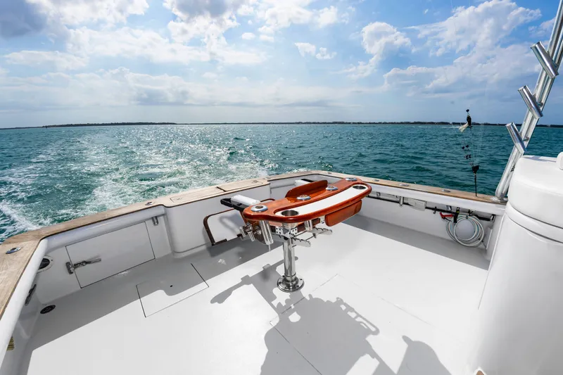 Slide: The Image of Deck of Custom Lohr 43 Express yacht, 1999, on open sea. - 17