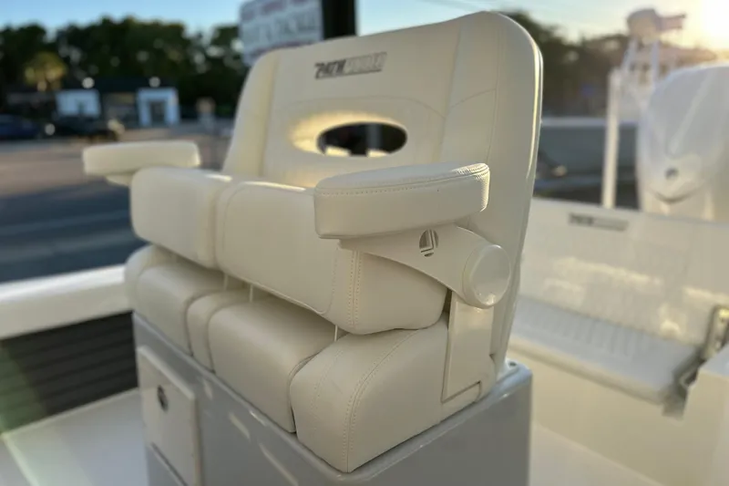 Slide: The Image of Luxurious seating on 2026 Pathfinder 2600 TRS boat, featuring plush white upholstery. - 13