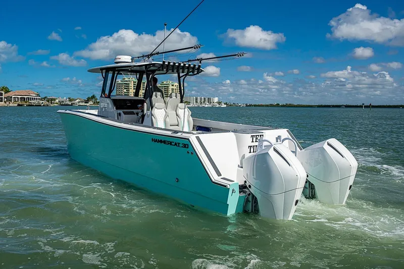 Slide: The Image of 2025 Hammer Yachts 30 cruising on a sunny day with twin engines. - 1