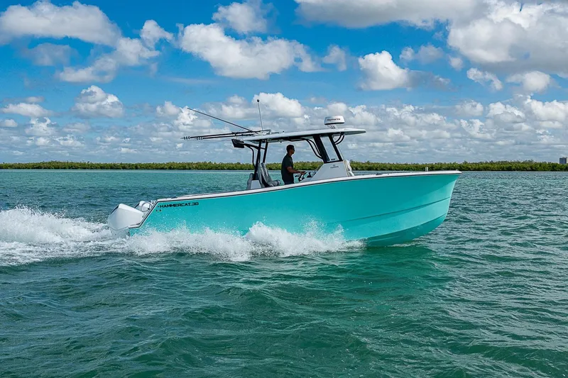 Slide: The Image of 2025 Hammer Yachts 30 cruising on open water under a clear blue sky. - 11