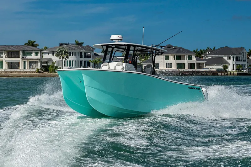 Slide: The Image of 2025 Hammer Yachts 30 catamaran cruising near waterfront homes. - 13
