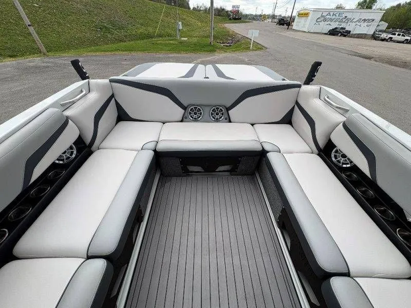 Slide: The Image of Interior of a 2017 Axis T23 boat with gray upholstery. - 28