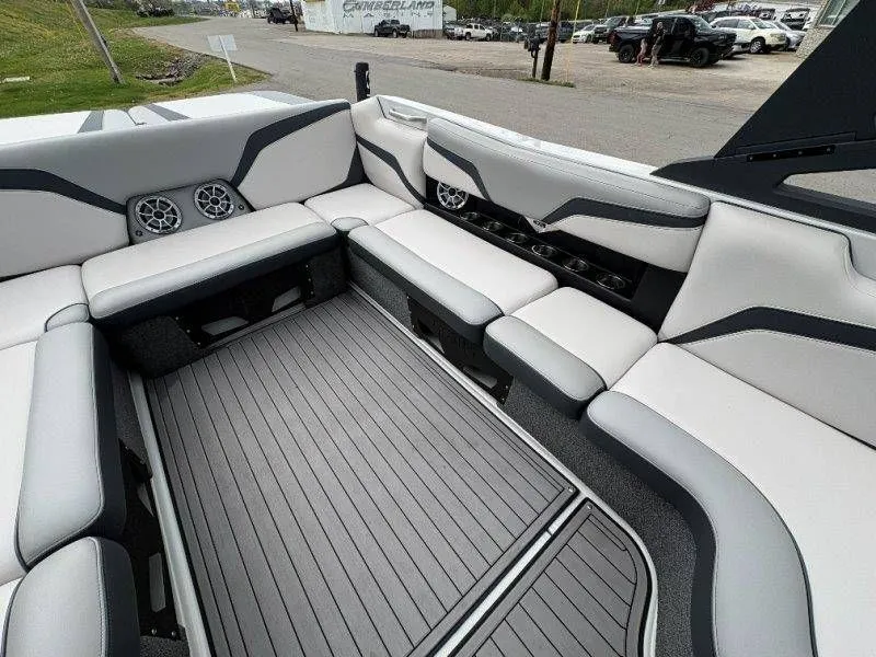 Slide: The Image of Interior of a 2017 Axis T23 boat with gray upholstery. - 29