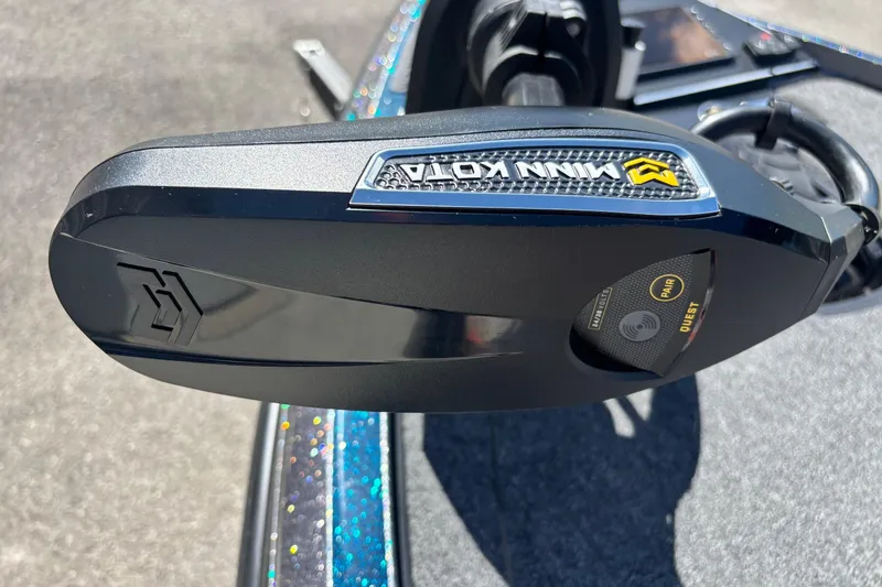 Slide: The Image of Minn Kota motor on 2025 Ranger Z520R boat, close-up view. - 2