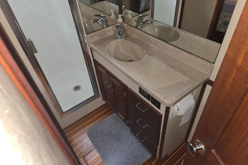 Slide: The Image of Bathroom interior of 2009 American Tug 34 Rare Flybridge Model with shower and vanity. - 62