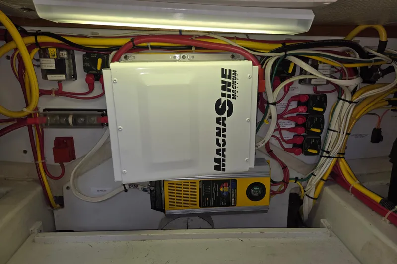 Slide: The Image of Electrical system of a 2009 American Tug 34 Rare Flybridge Model, featuring a Magnum inverter. - 93