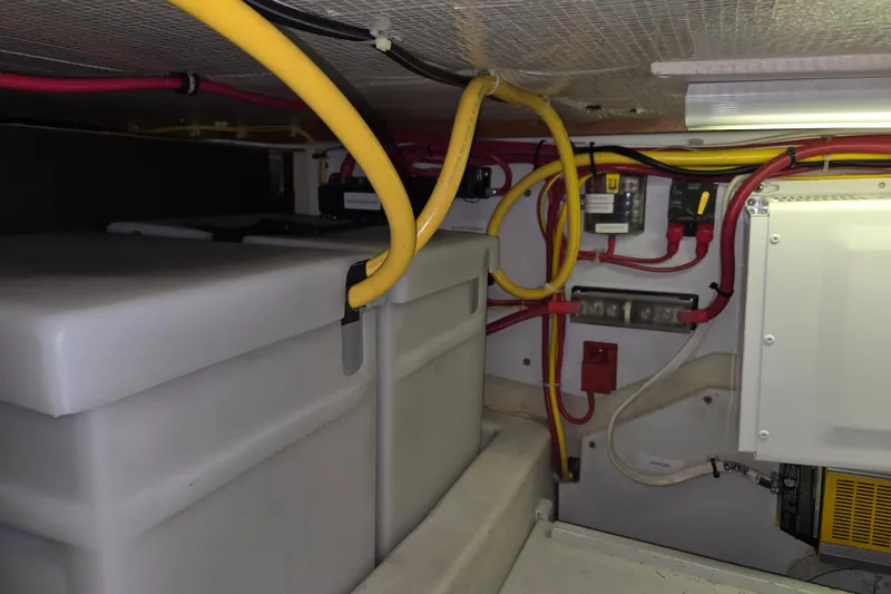 Slide: The Image of Engine room of 2009 American Tug 34 Rare Flybridge Model with wiring and equipment. - 94