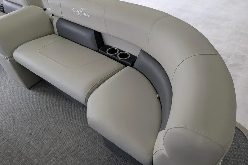 Slide: The Image of Luxurious seating on 2026 SunChaser Vista 16 LR pontoon boat with cup holders. - 8