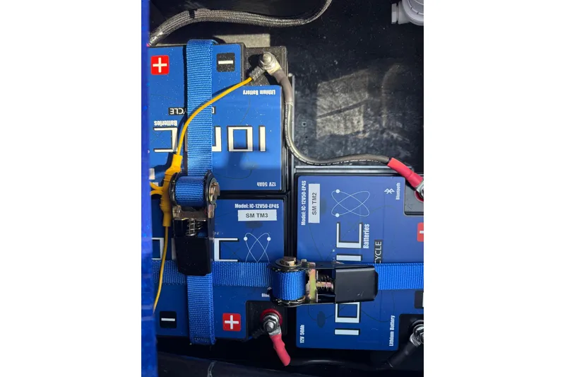 Slide: The Image of 2024 Vexus VXs20 lithium battery setup with blue straps and wiring connections. - 15